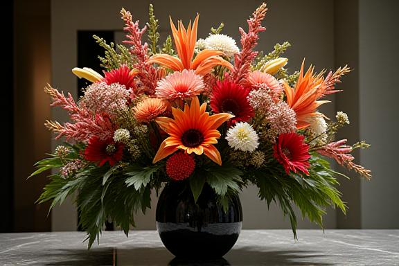 An elegant and large bespoke floral arrangement featuring exotic flowers.